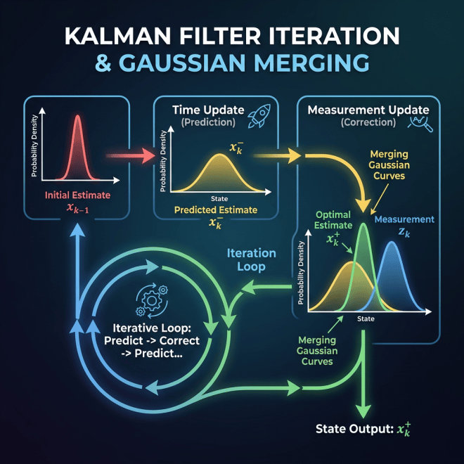 Flowchart showing Kalman filter iteration with time update, measurement update, and merging Gaussian curves