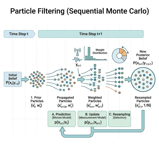 Diagram of sequential Monte Carlo particle filtering steps including prior, propagated, weighted, and resampled particles with prediction, update, and resampling phases