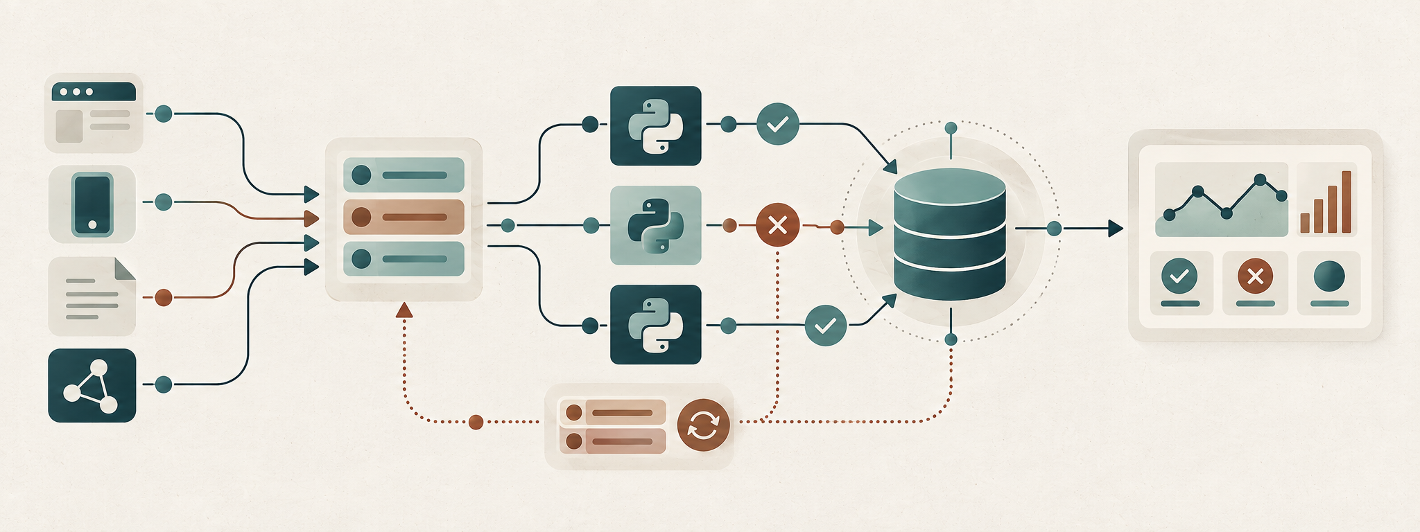 Event driven Python architecture connecting inputs, a work queue, parallel workers, durable database state, retry paths, and operational monitoring.