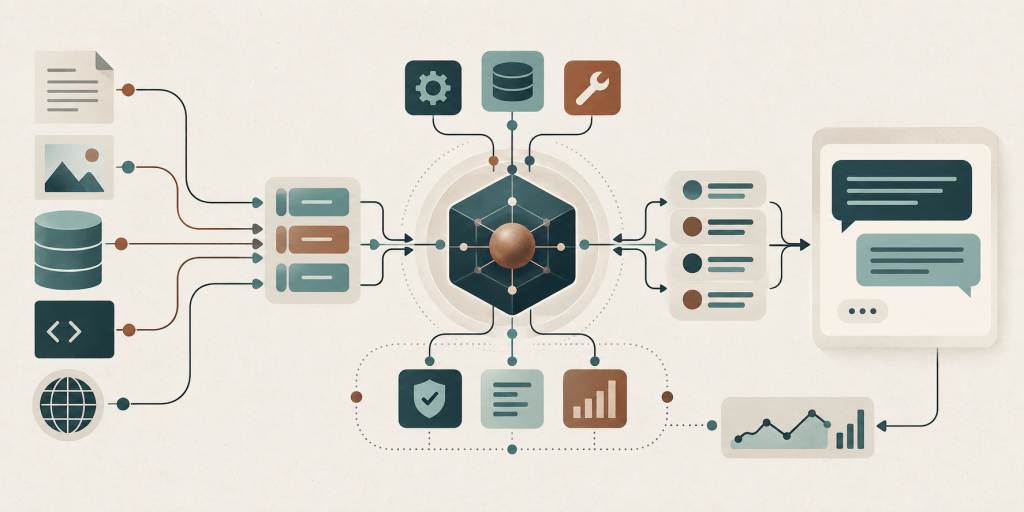 Abstract production LLM architecture connecting documents, databases, tools, validation, monitoring, and conversation.
